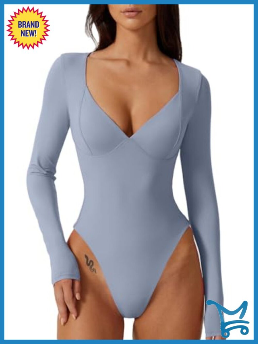 QINSEN Women's Long Sleeve V Neck Bodysuit Seamed Cup Thong Bottom